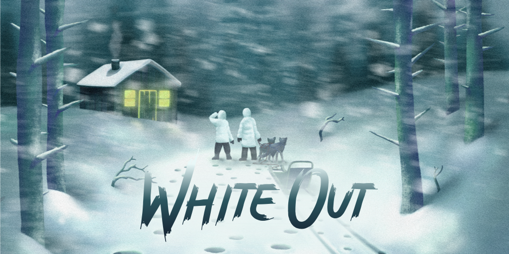 White Out. A small wood cabin with lit windows in a snowy landscape. Two people and two dogs stand next to a sled looking towards it.