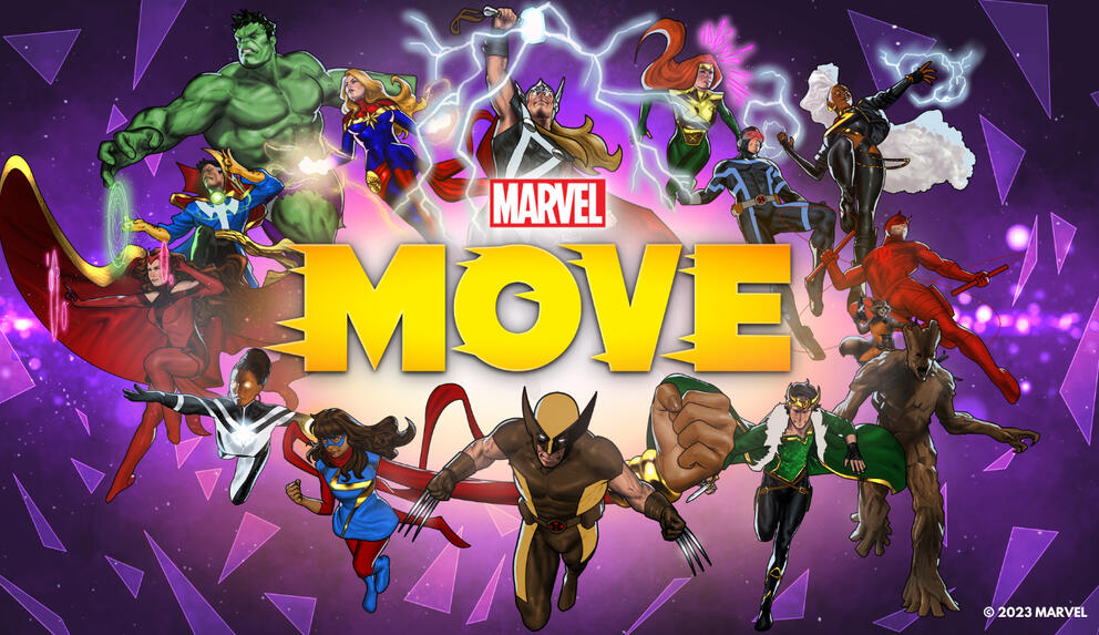 A number of Marvel superheroes including Wolverine, Hulk, Thor, Storm, Scarlet Witch and Daredevil in action poses around the title - Marvel Move