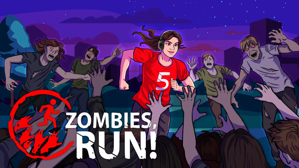 Zombies, Run! A figure with long brown hair wearing a red t-shirt with a number 5 on it and wearing a set of headphones looks confident as they run through a horde of zombies grasping for them